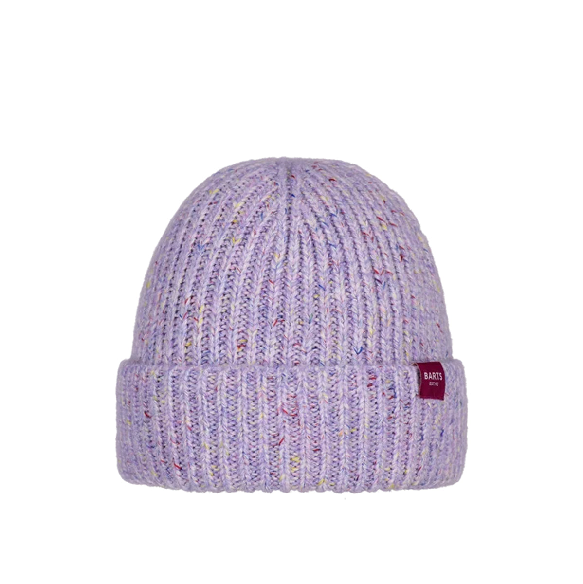 A light purple knit beanie hat with multicolored flecks throughout, featuring a folded cuff and a small burgundy brand tag on the side.