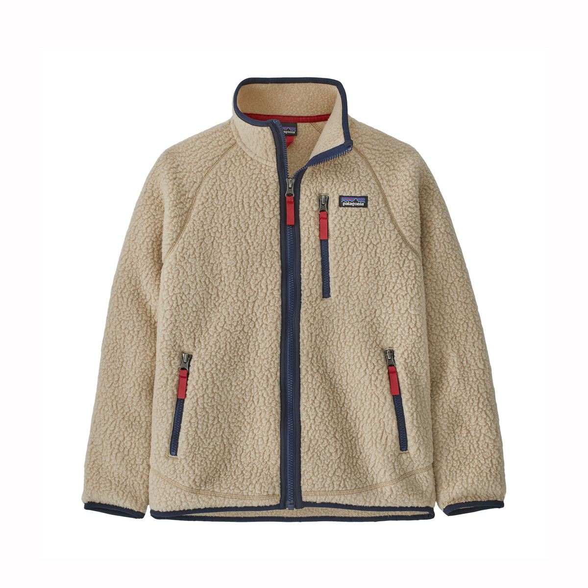 Beige fleece jacket with red and blue accents on a white background - Patagonia Kids' Retro Pile Fleece Jacket (El Cap Khaki)