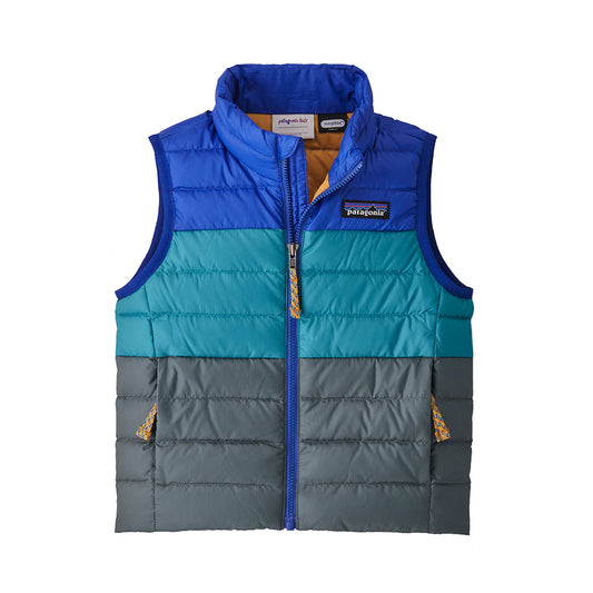 Patagonia Baby Down Sweater Vest in blue and grey