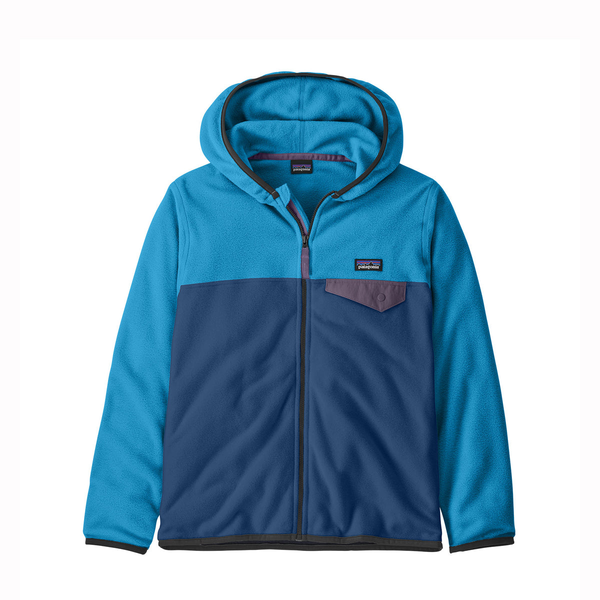 Blue and navy kids fleece jacket with a hood on a white background