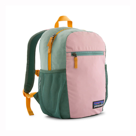Backpack with pink and green sections on a white background
