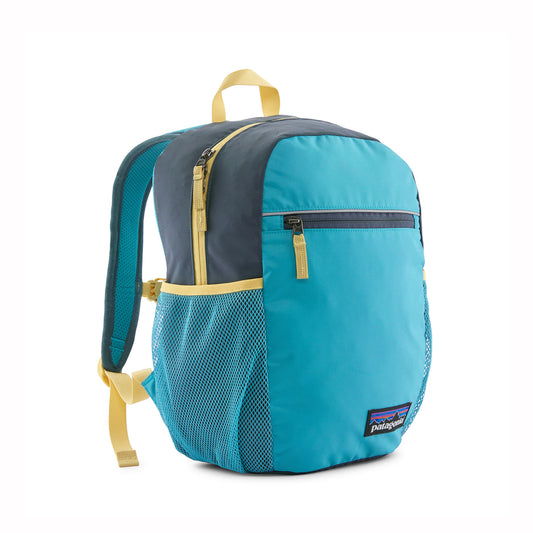 Blue and gray kids backpack with yellow accents on a white background