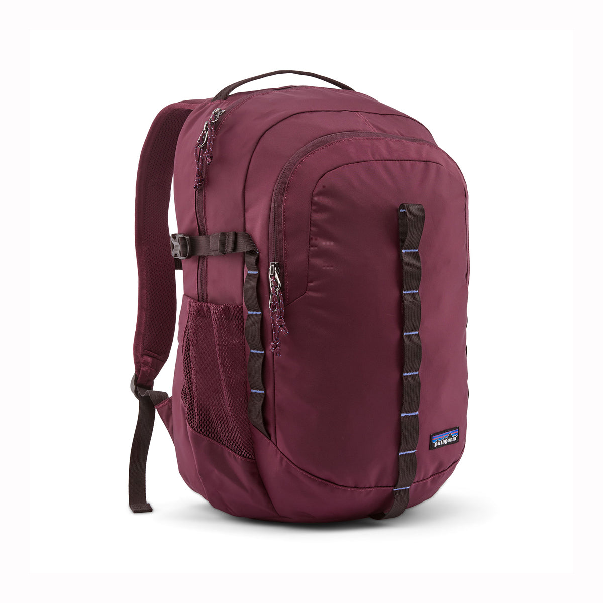 Maroon backpack with visible brand logo on a white background