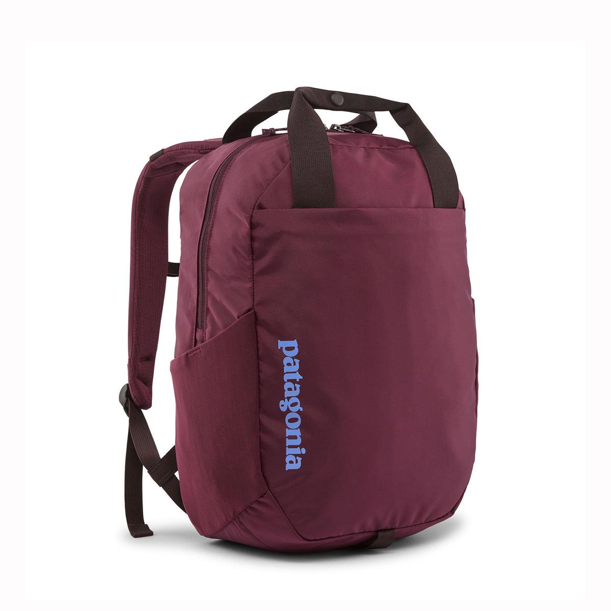 Maroon backpack with Patagonia logo on a white background