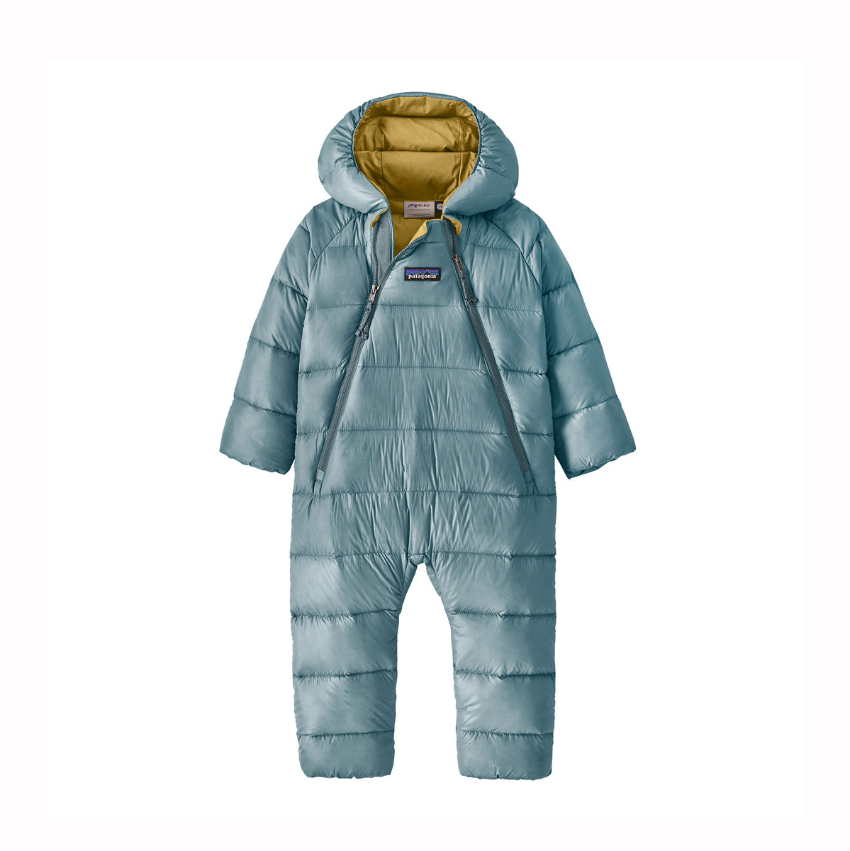 Blue baby snowsuit with a hood on a white background