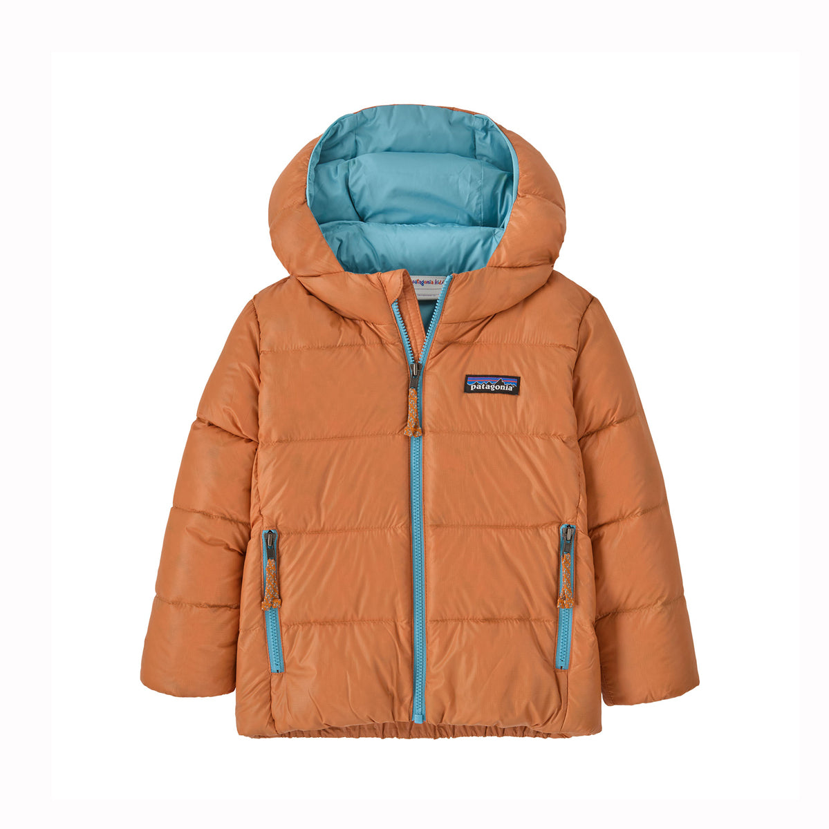 Toddler Orange puffer jacket with blue lining and Patagonia logo on a white background