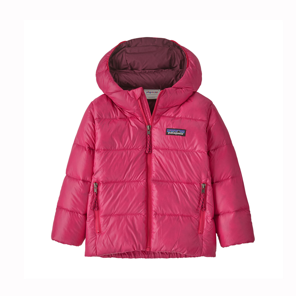 Girls Pink puffer jacket with a visible brand logo on a white background