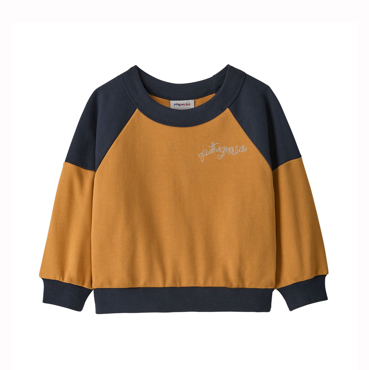 A Patagonia colorblock sweatshirt for toddlers with a mustard yellow body, navy blue raglan sleeves, collar, and cuffs, featuring a white embroidered logo on the chest.