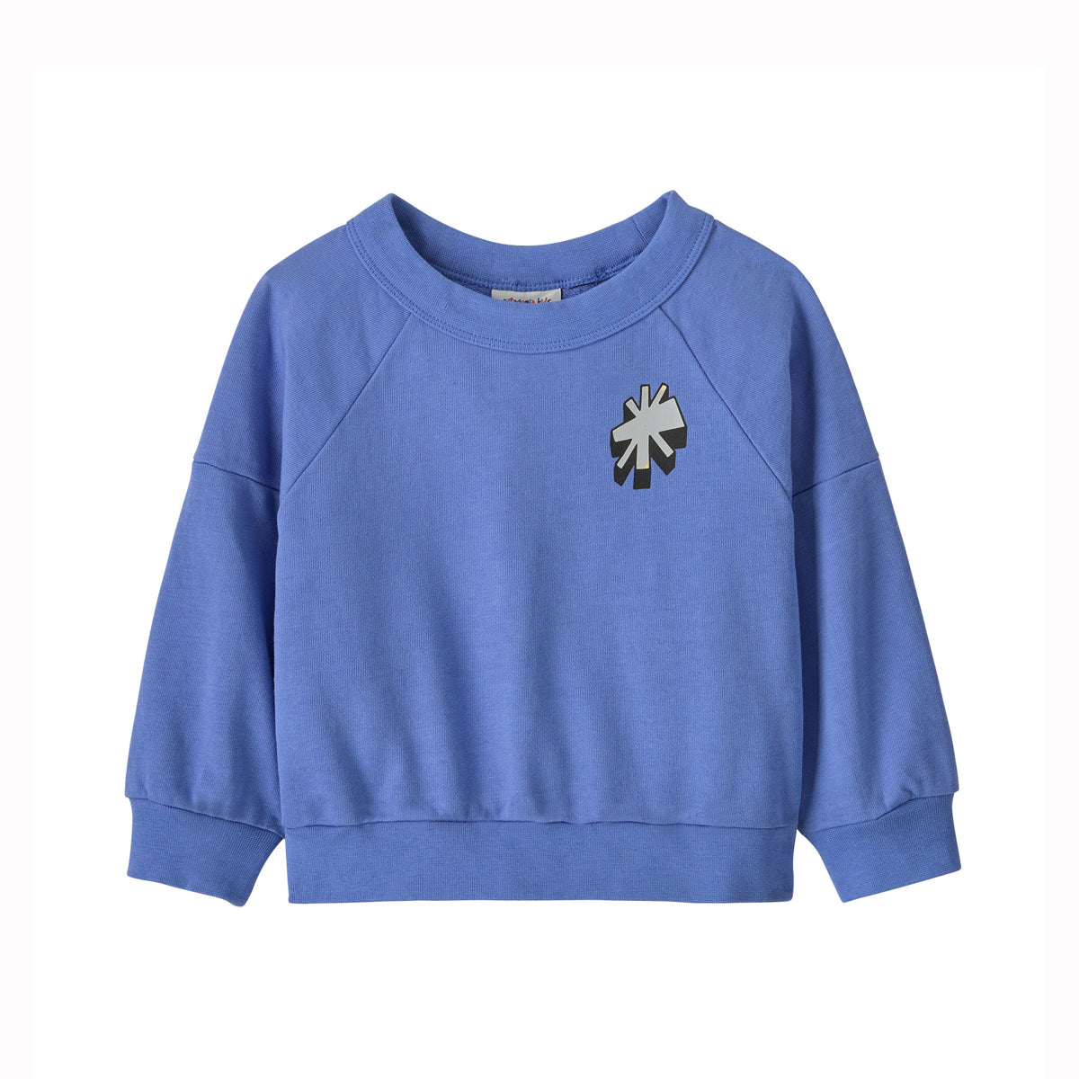 A kids' blue sweatshirt with a small black and white geometric starburst patch on the left chest, displayed on a clean white background.