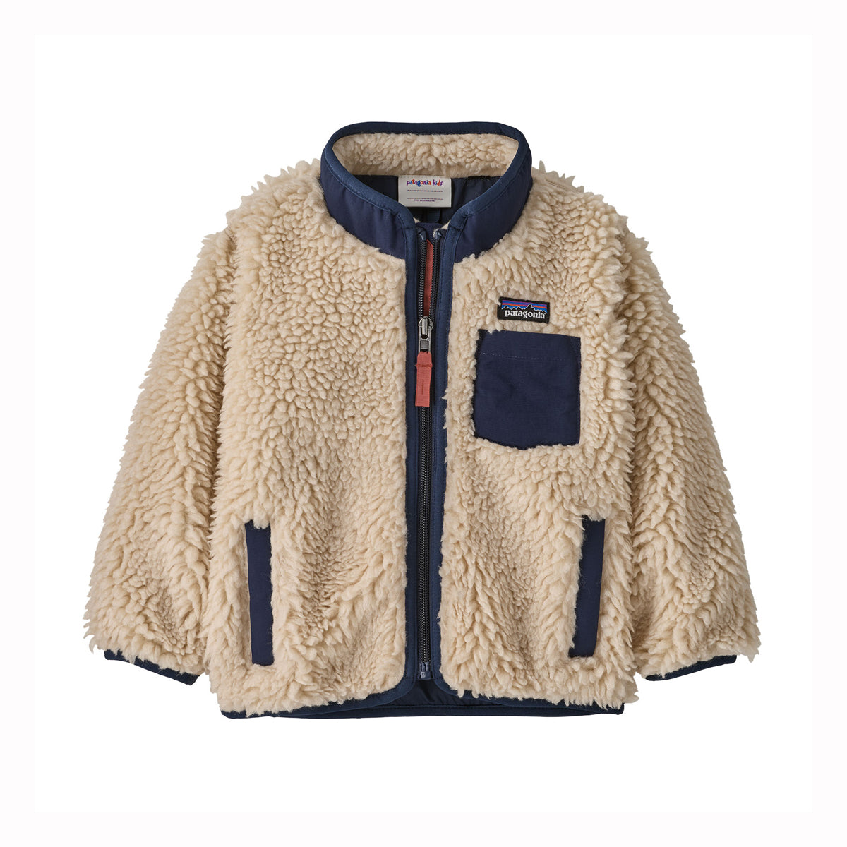 Beige kids fleece jacket with navy accents on a white background