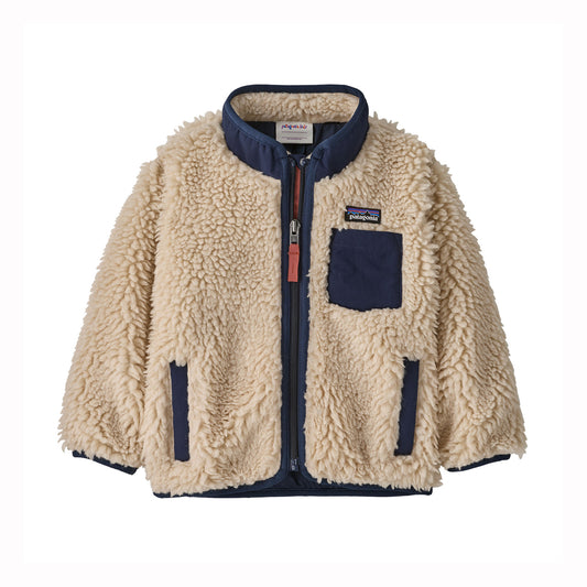 Beige kids fleece jacket with navy accents on a white background