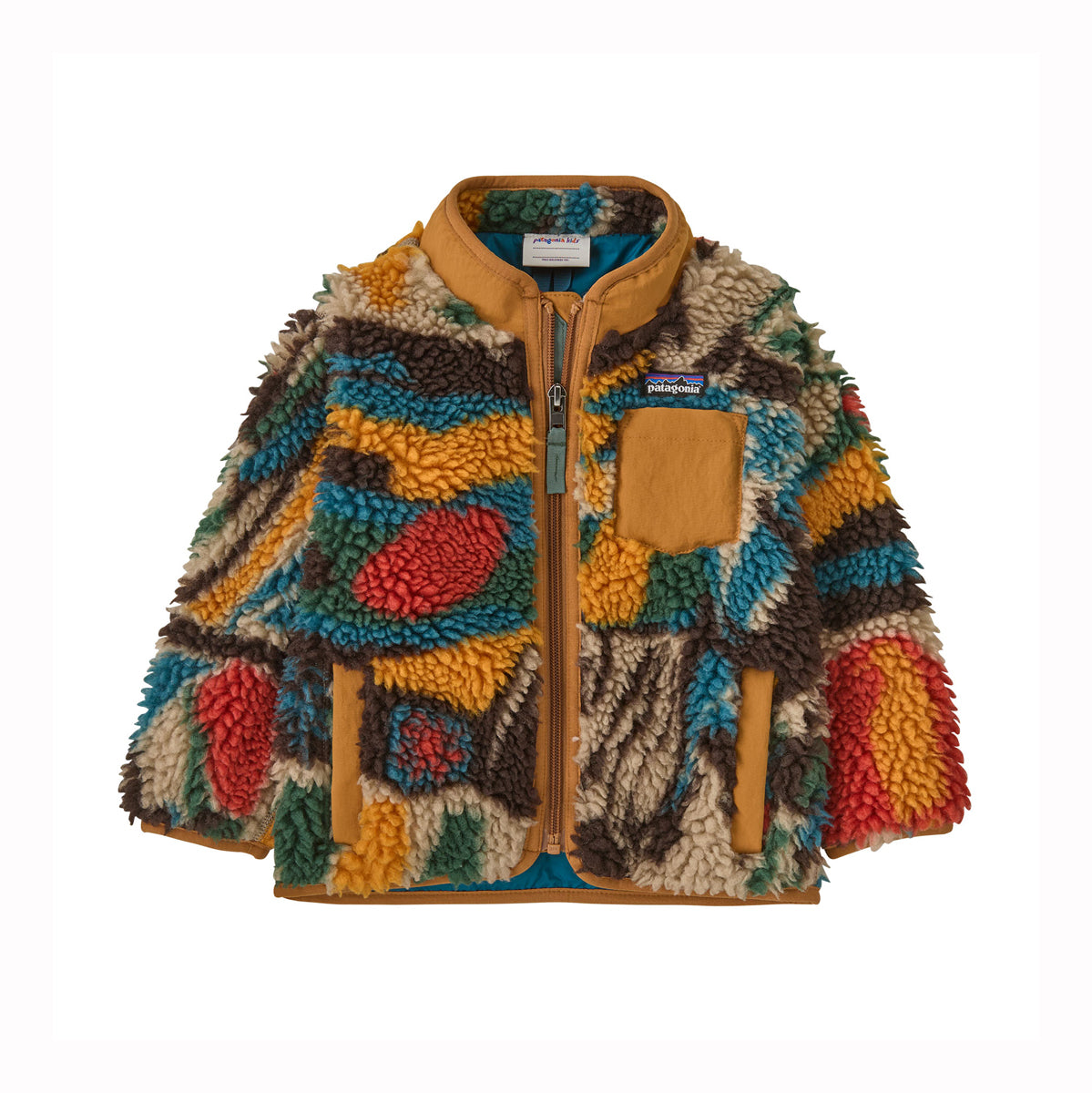 Colorful patterned jacket with brown zipper on a white background