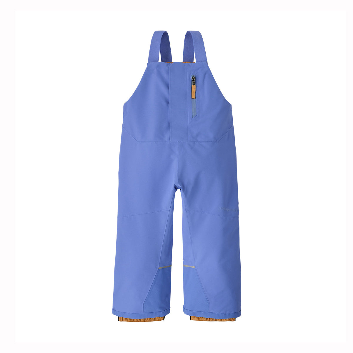 A pair of kids' snow bib overalls in a periwinkle blue color, featuring adjustable shoulder straps, a front zipper, and a small orange zipper pull, shown against a plain white background.