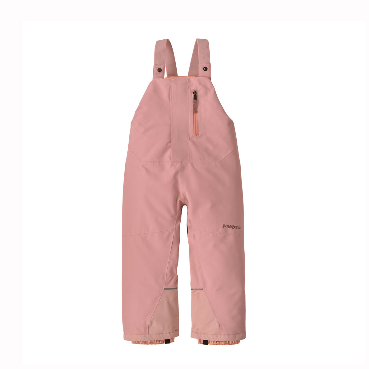 A pair of kids' snow bib pants in dusty pink, featuring adjustable shoulder straps, a zippered chest pocket, and a small visible Patagonia logo on the lower left leg.