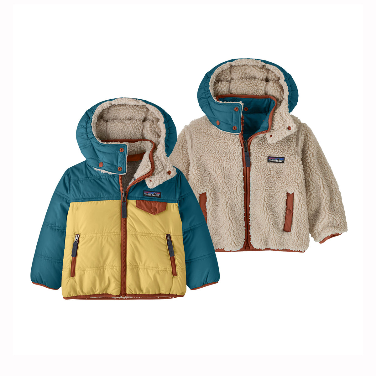 Two children's jackets with hoodies on a white background