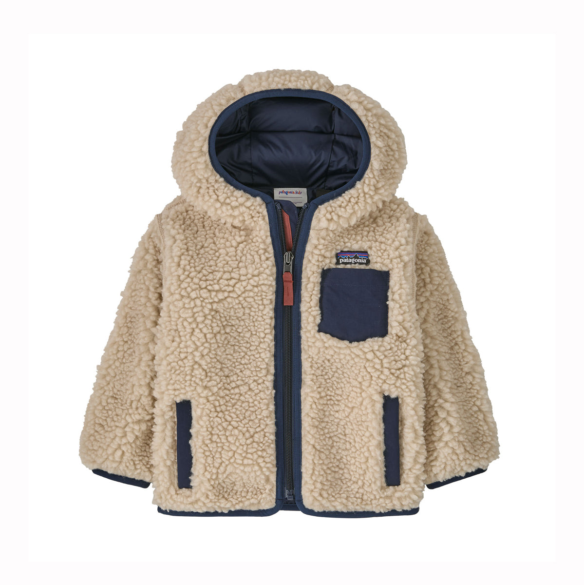 Beige kids fleece jacket with navy accents on a white background