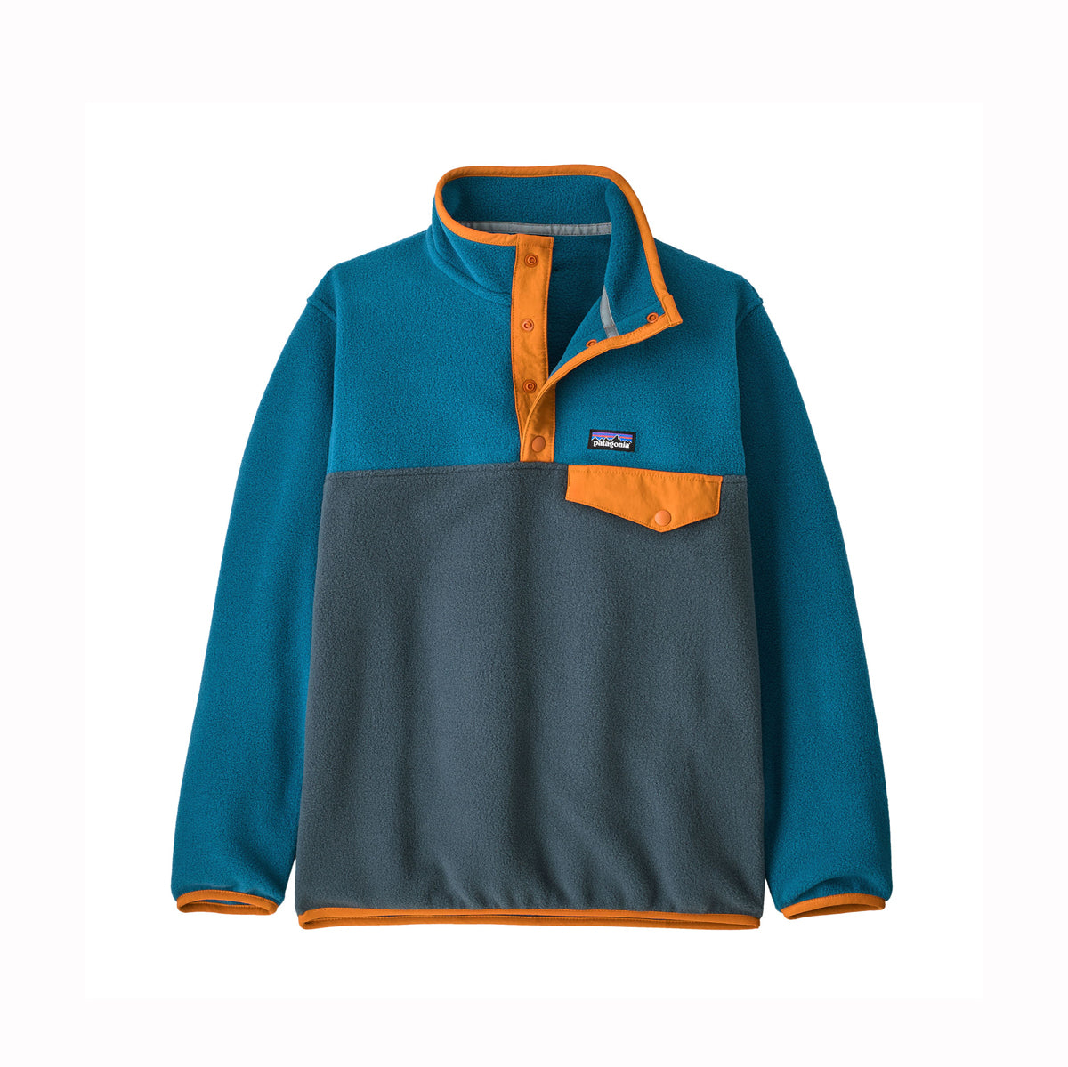 Two-tone fleece pullover with orange accents on a white background