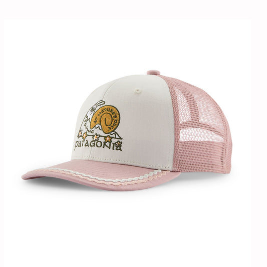 Pink and beige cap with a logo on a white background