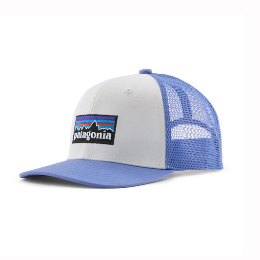 Blue and white cap with Patagonia logo on a white background