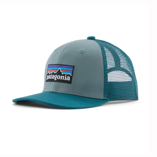 Teal and gray cap with Patagonia logo on a white background