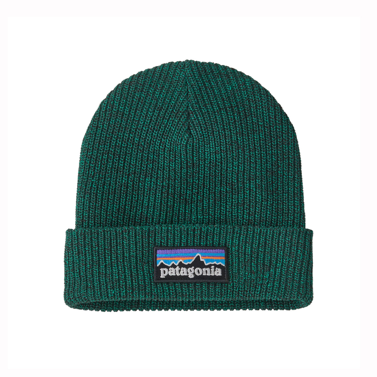 A dark green ribbed knit kids beanie hat with a folded cuff, featuring the rectangular Patagonia logo patch on the front, set against a plain white background.
