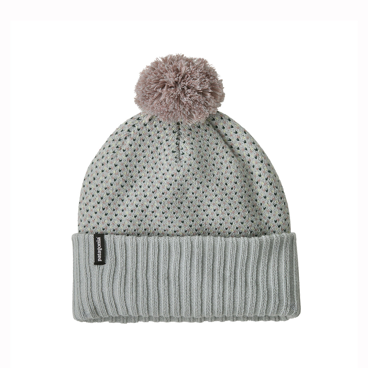 A light gray knit beanie with a small repeating pattern, featuring a ribbed cuff and a fluffy taupe-gray pom-pom on top. A small black brand tag is visible on the cuff.