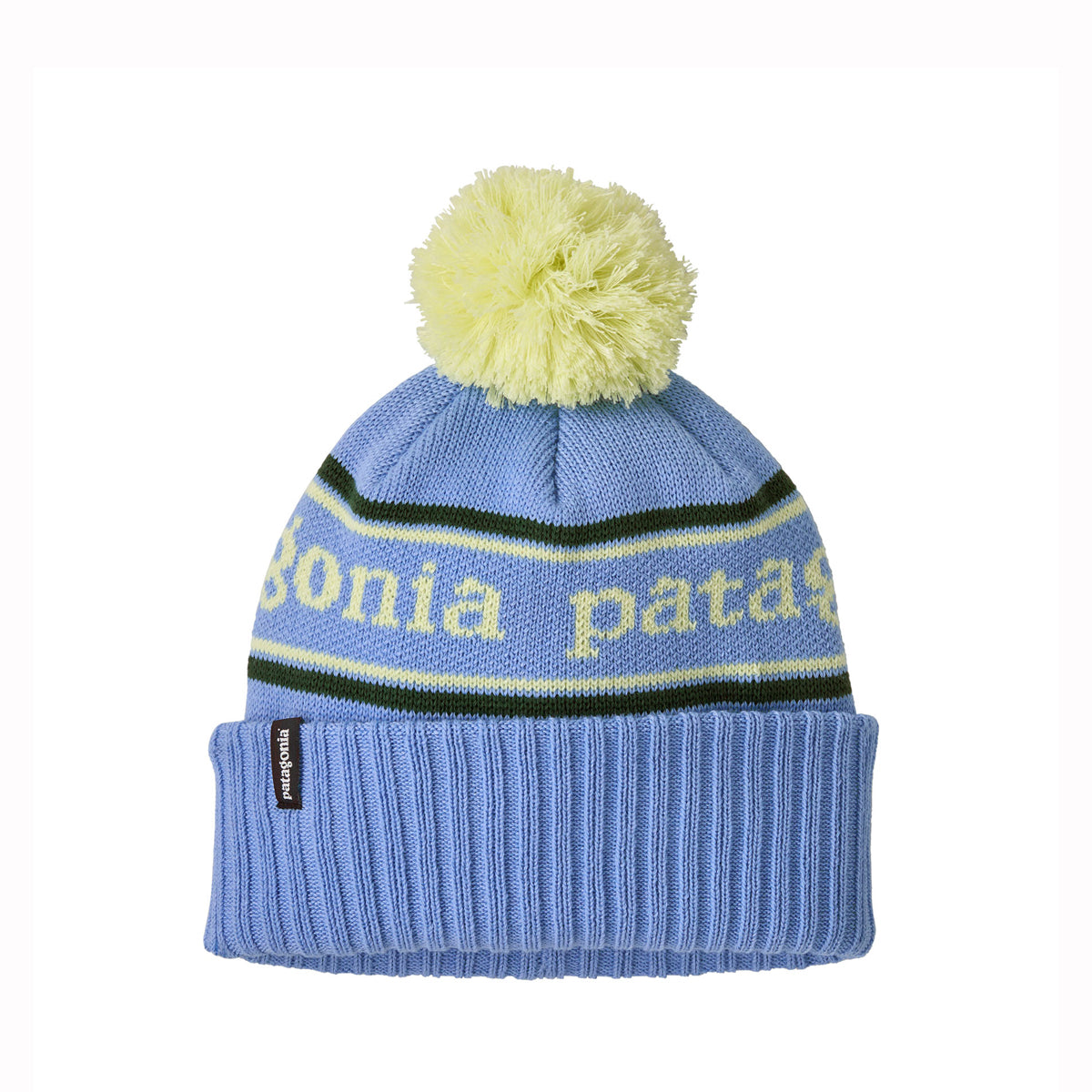 A light blue knit kids beanie hat with a yellow pom-pom on top. The middle band has a dark green stripe, a yellow stripe, and the text 'Patagonia knitted in yellow.