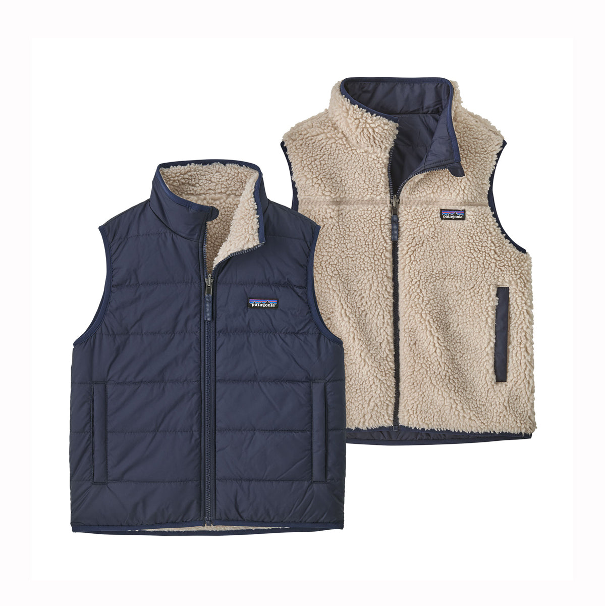 Patagonia fleece vest shown as both navy outside and reversed showing beige fleece pile inside 