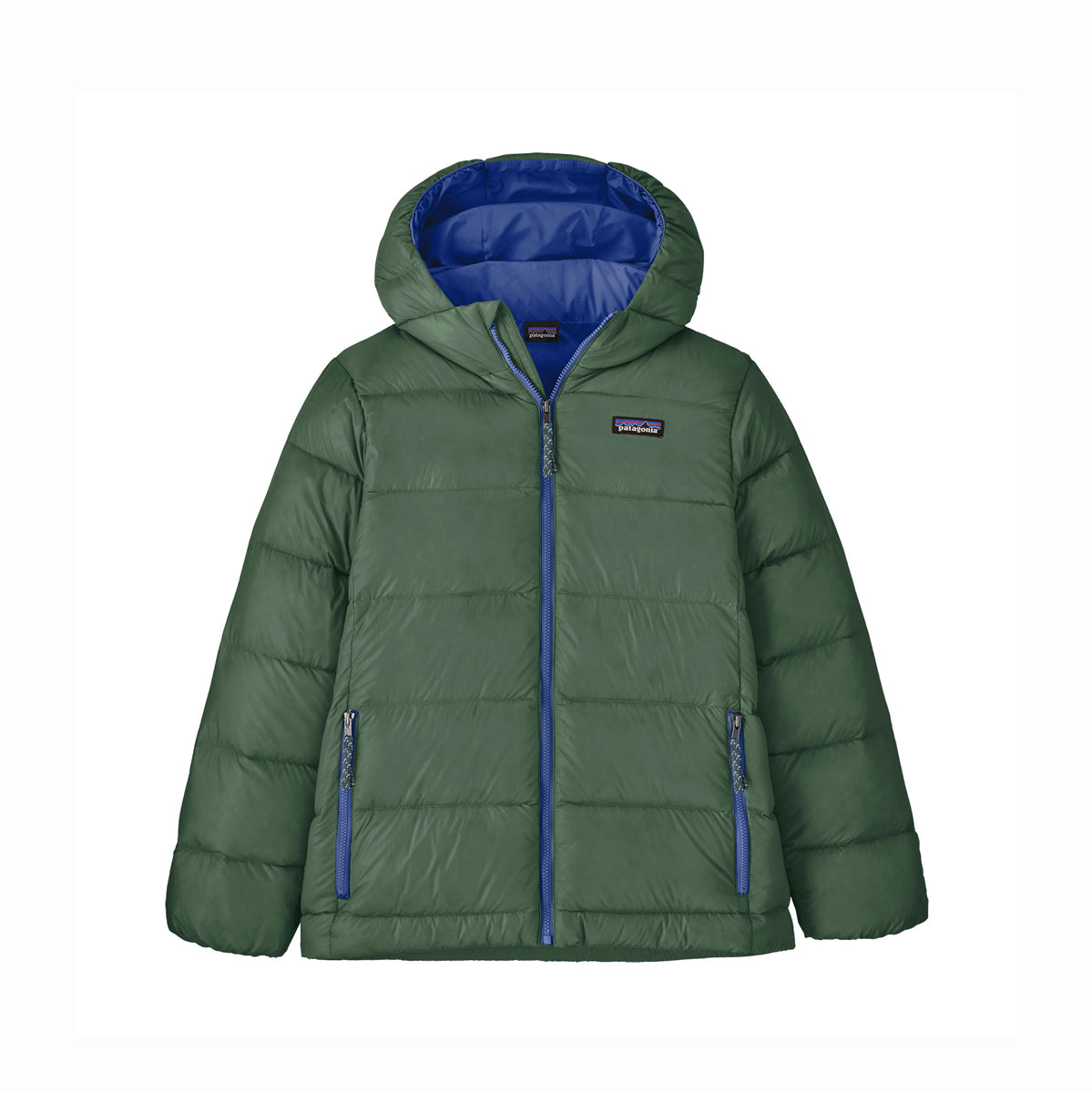 A green kids Patagonia hooded puffer jacket with a bright blue interior lining and blue zipper accents, shown against a plain white background.