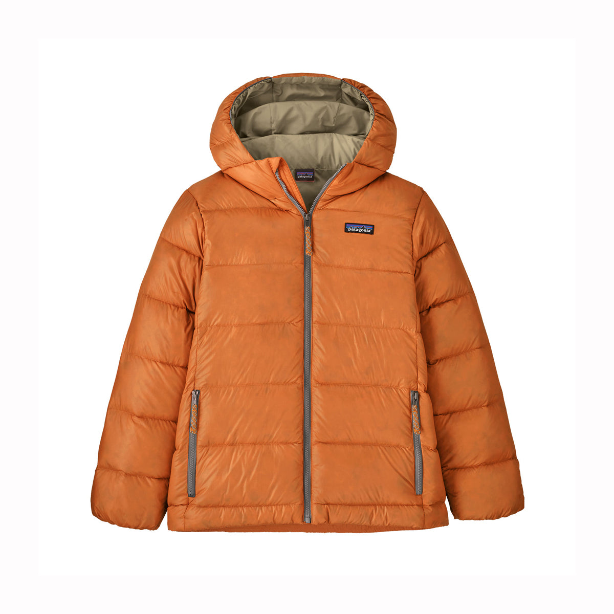 An orange kids hooded puffer jacket with a full front zipper, zippered hand pockets, and a visible Patagonia logo patch on the chest, shown against a plain white background.