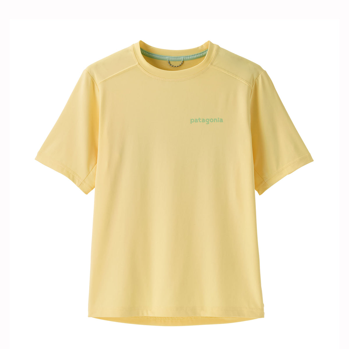 Yellow kids UV t-shirt with Patagonia logo on a white background