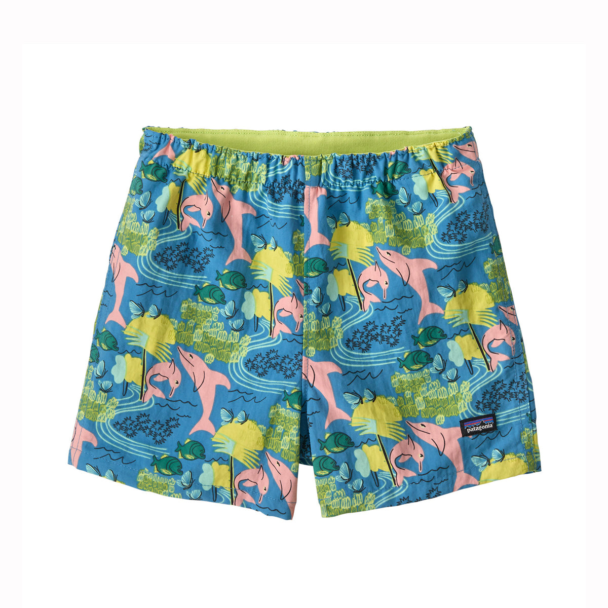 Colorful swim shorts with dolphin pattern on a white background