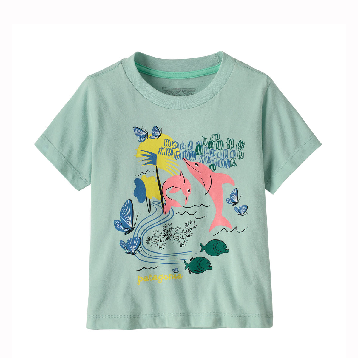 Baby T-shirt green with pink dolphin motif on white background