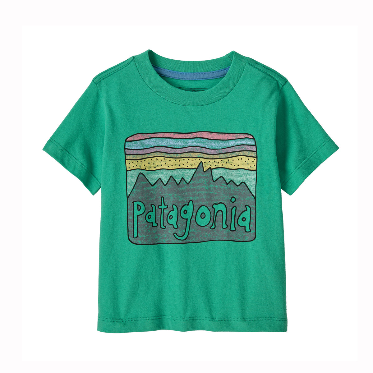 Green toddler sized t-shire with large Patagonia logo