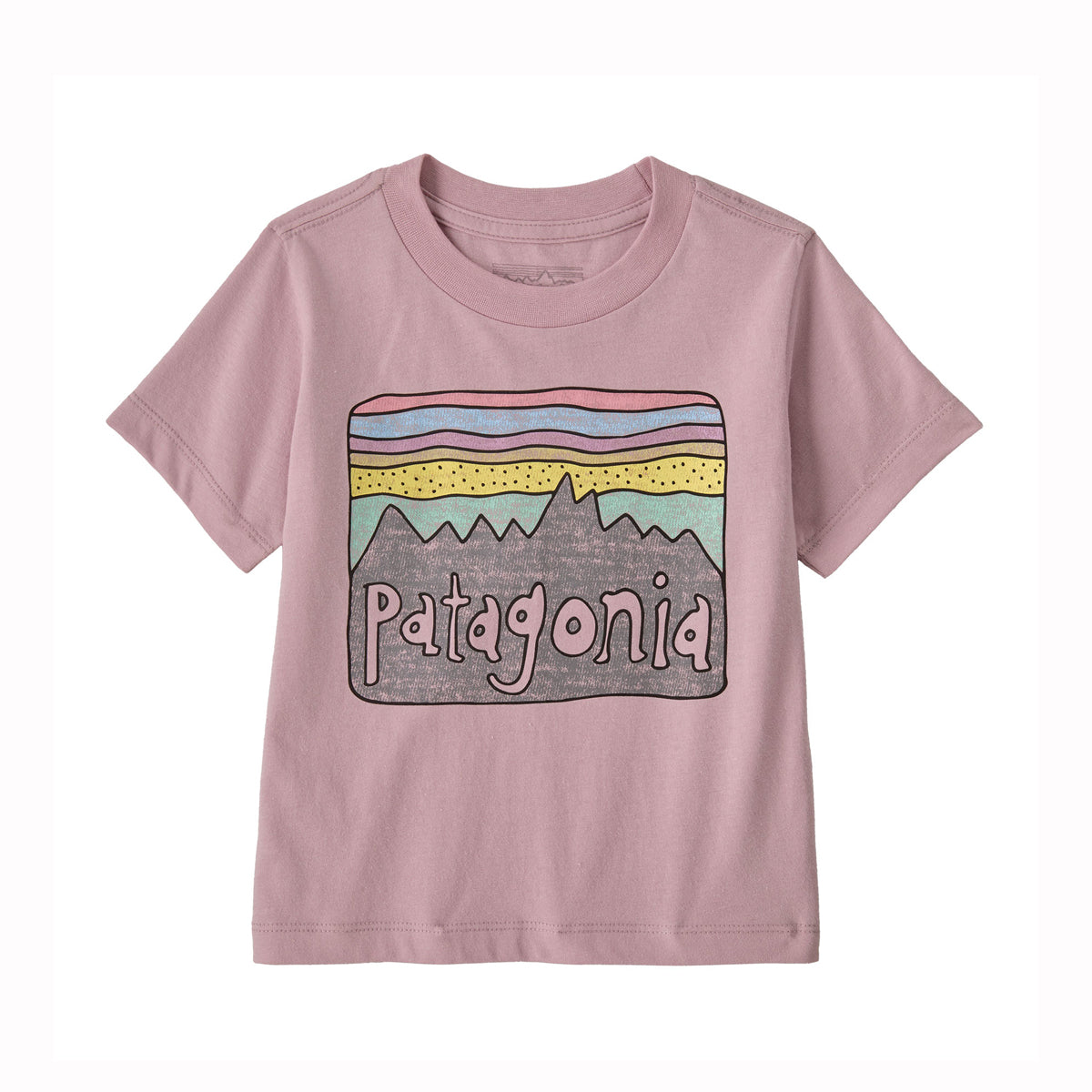 Pink toddler sized t-shire with large Patagonia logo