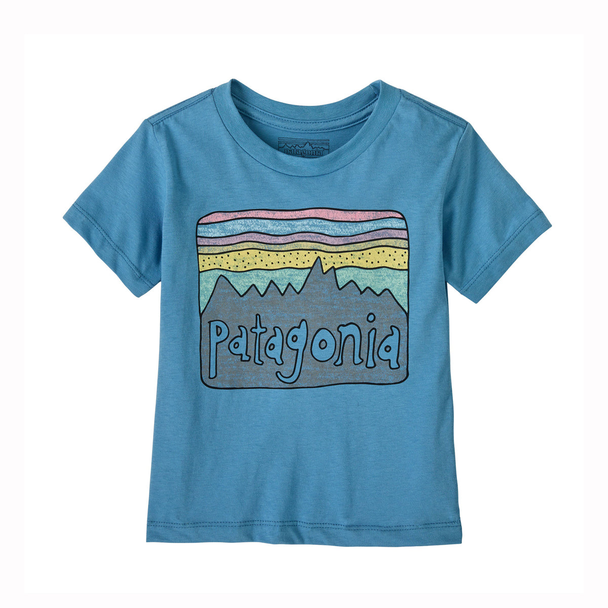 Blue toddler sized t-shire with large Patagonia logo