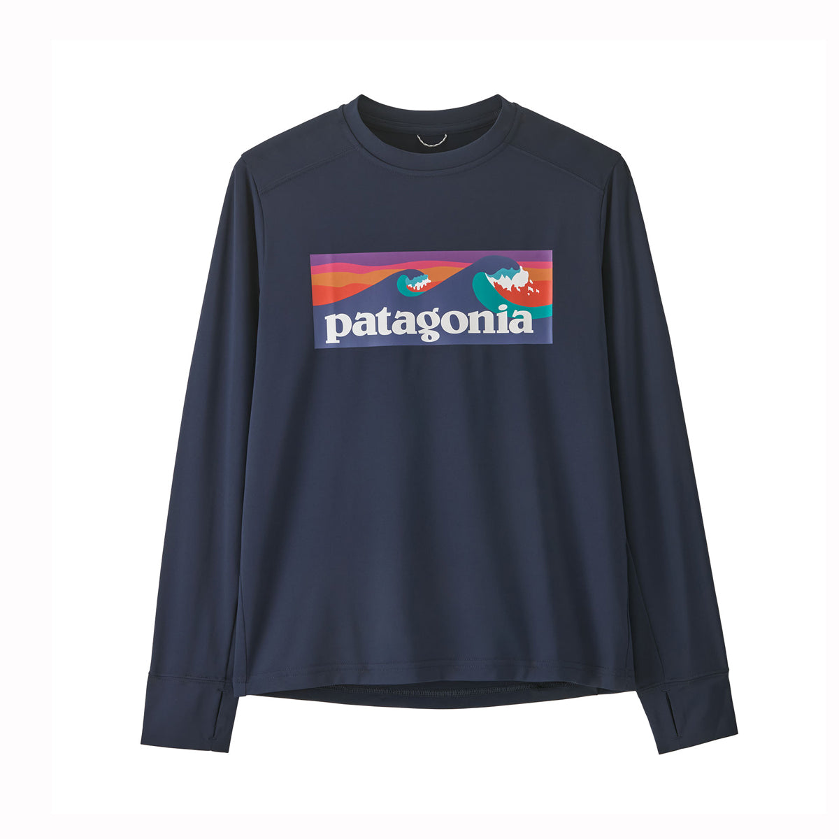 Navy blue kids boys long-sleeve shirt with Patagonia logo on a white background