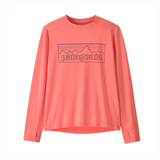 Coral long-sleeve UV kids shirt with Patagonia logo on a white background