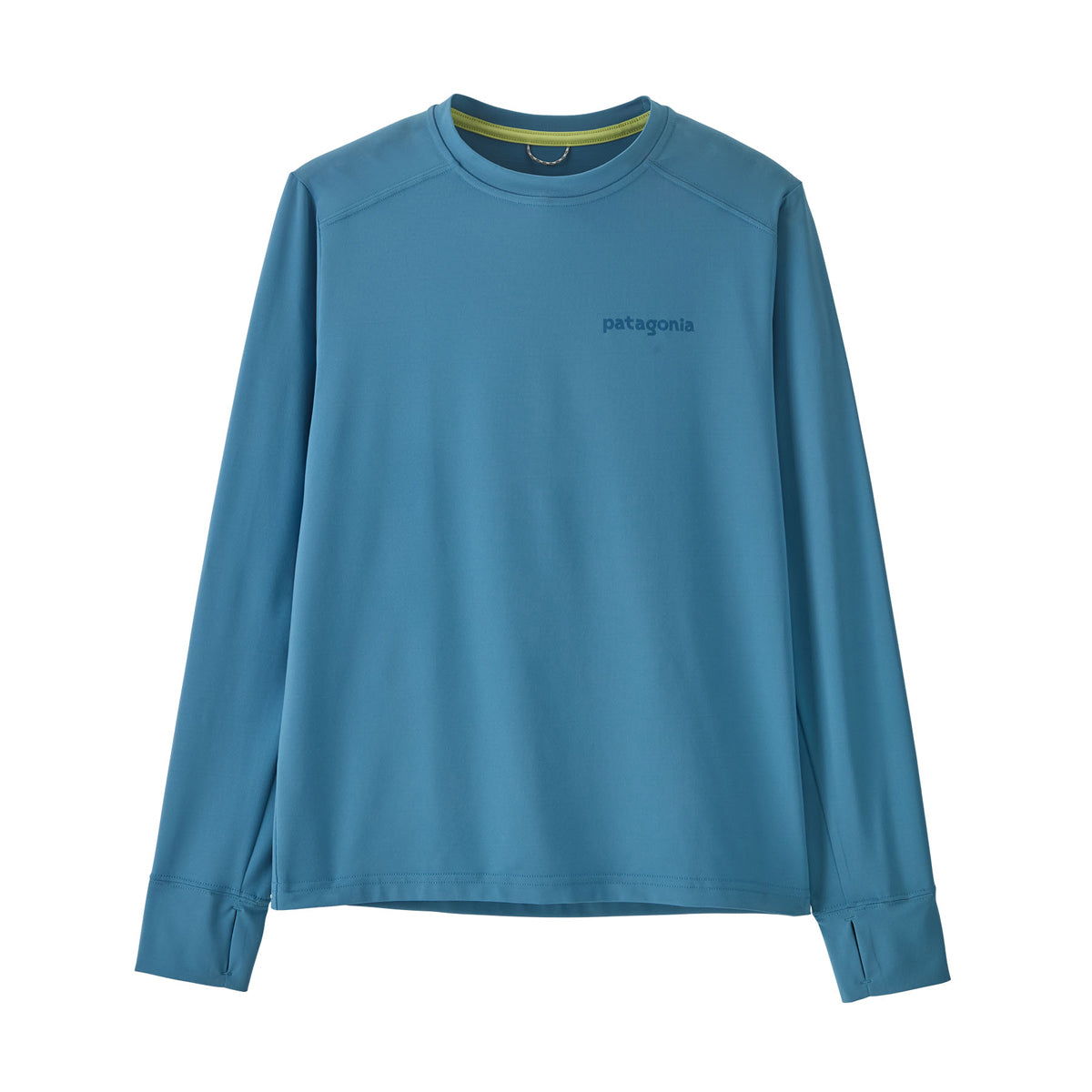 Blue long-sleeve shirt with Patagonia logo on a white background