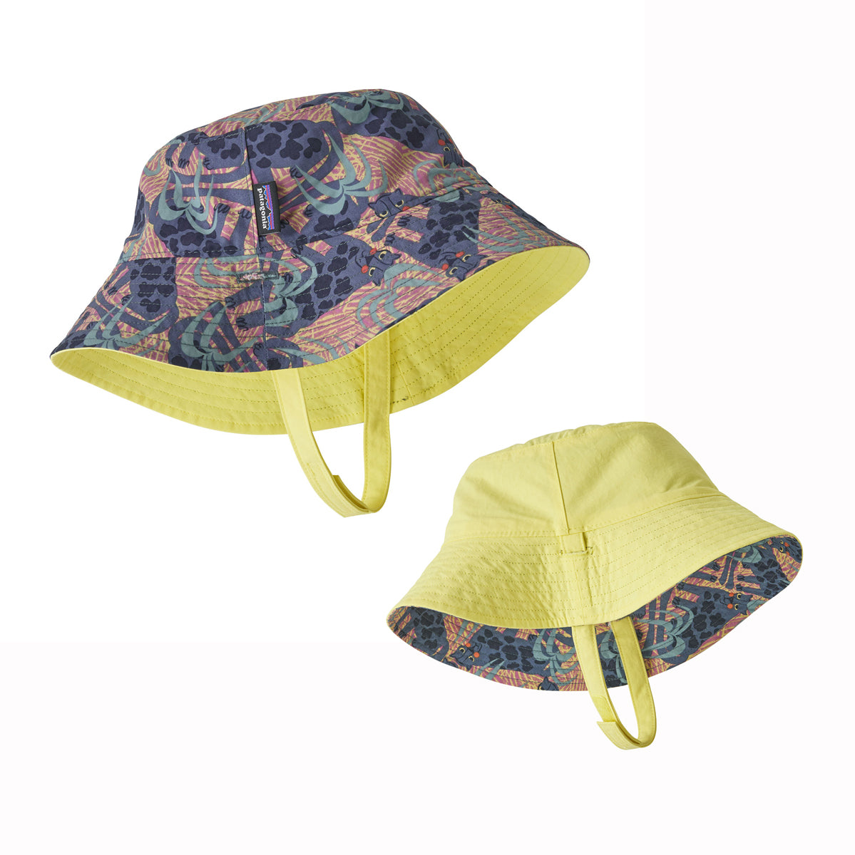 Two bucket hats with colorful patterns on a white background