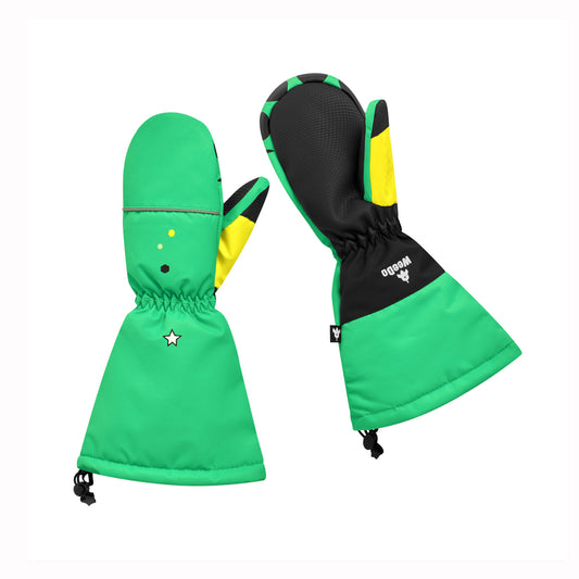 Green and black gloves with a brand logo on a white background