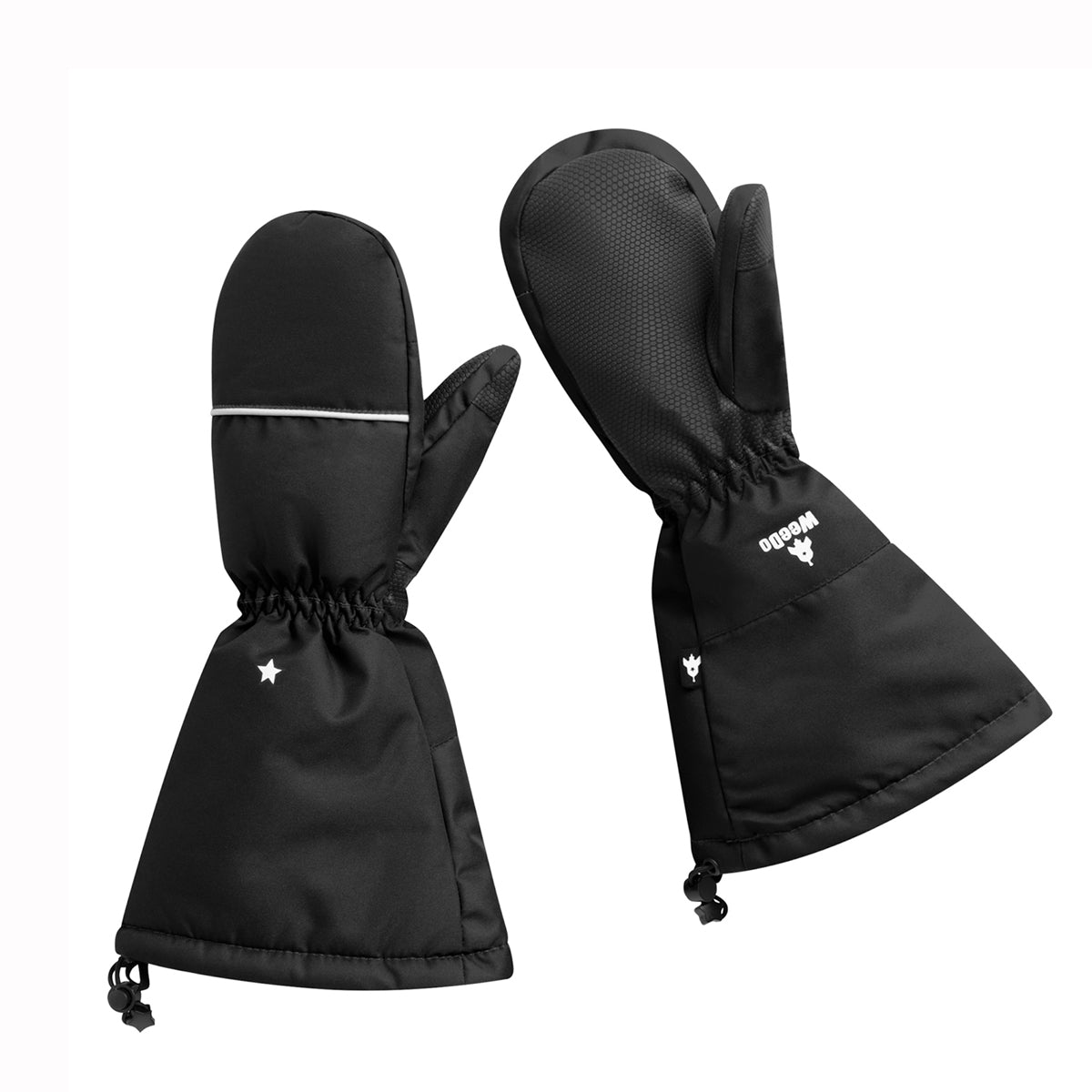 A pair of black winter mittens with white logo details, shown against a plain white background. One mitten is oriented to show the back with a white stripe, and the other shows the front with a white printed logo.