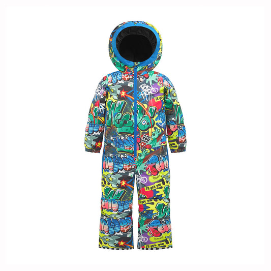 Colorful children's snowsuit with cartoon character design on a white background