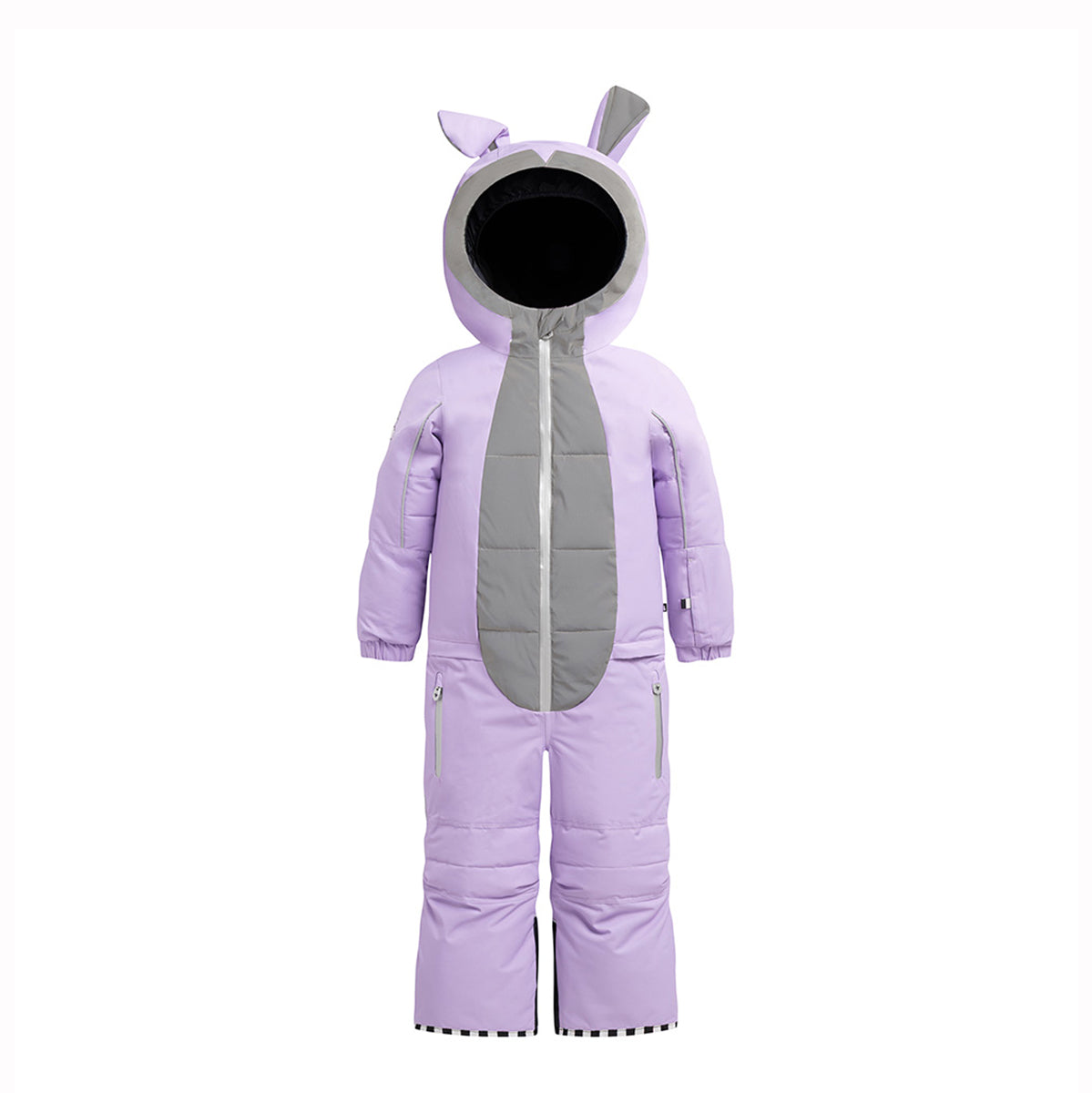 A children's full-body snowsuit in light purple with a gray front panel and matching gray ear details on the hood, shown against a plain white background.