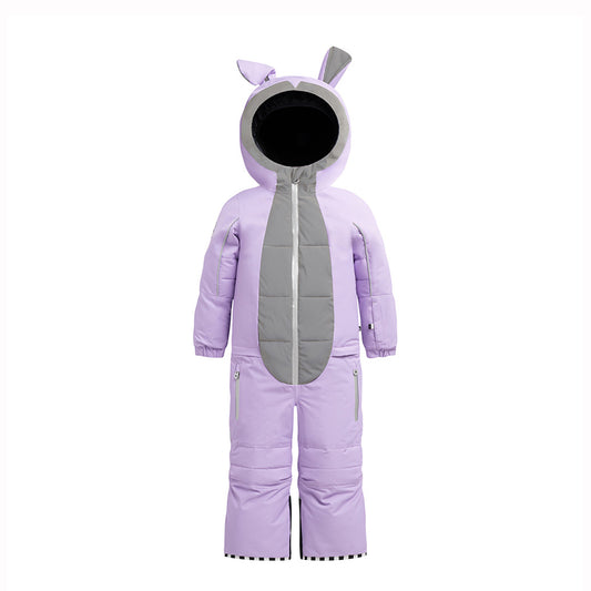A children's full-body snowsuit in light purple with a gray front panel and matching gray ear details on the hood, shown against a plain white background.