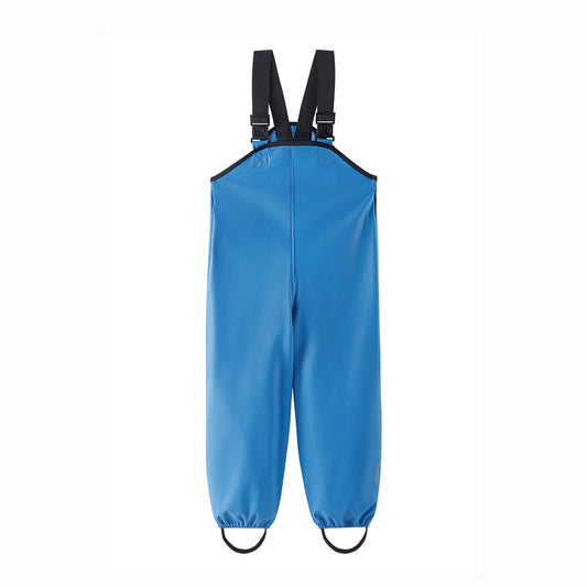 Blue rain pants with black suspenders on a white background