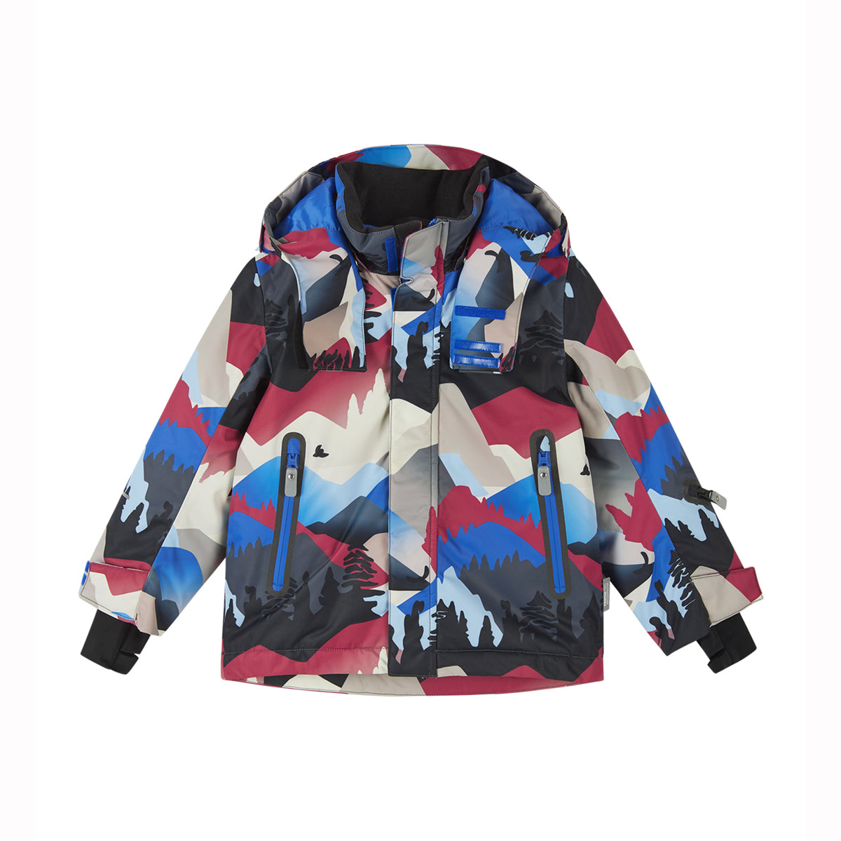 A hooded winter jacket with a colorful mountain camouflage pattern in blue, red, beige, and black, featuring blue zippers on the front and side pockets.