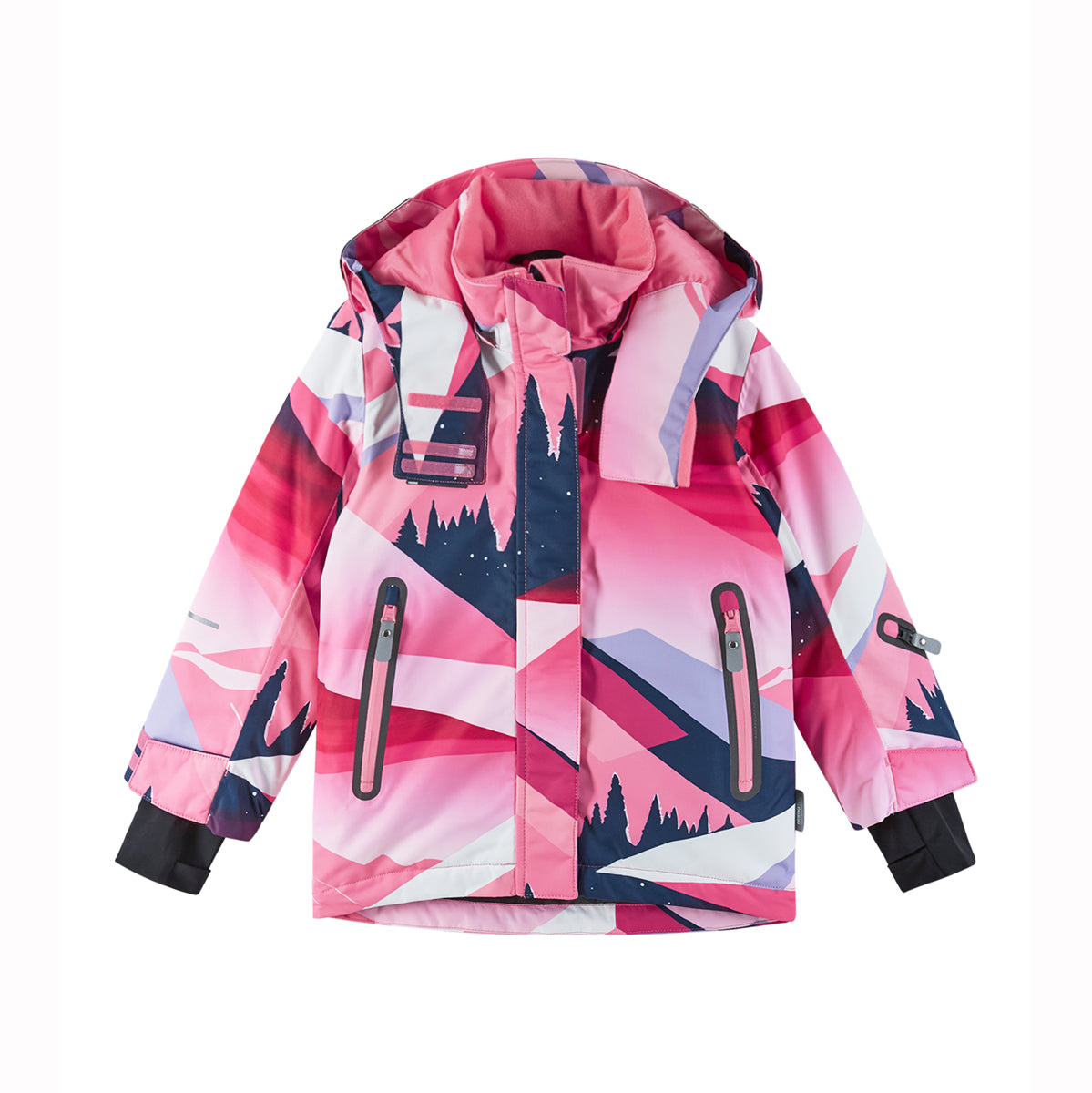 Reima girls ski jacket with pink mountain pattern fabric on white background