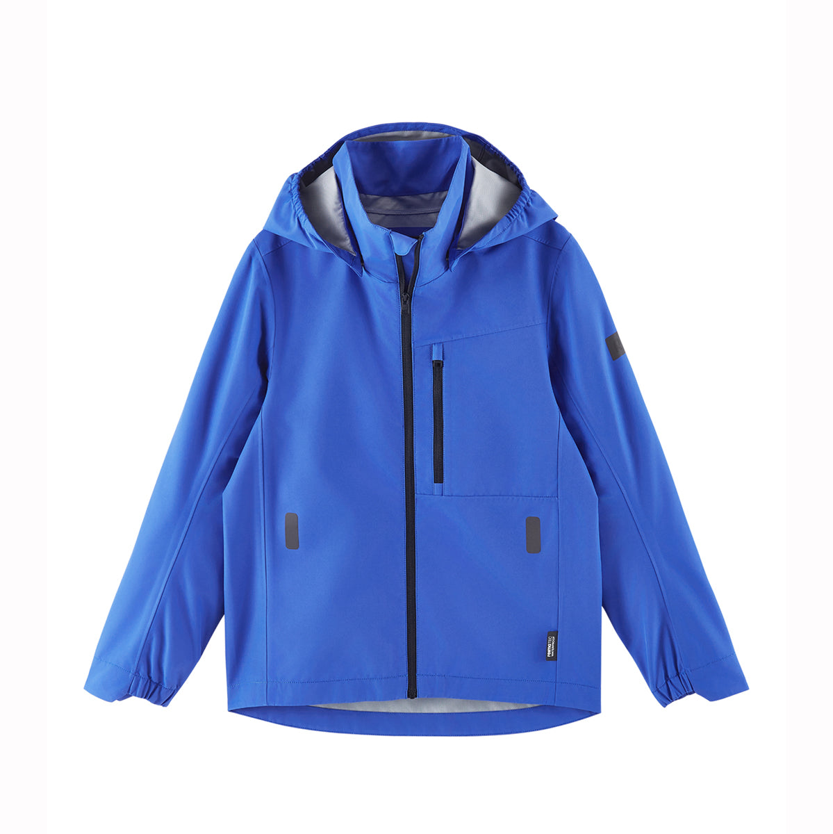 Blue kids waterproof jacket with a hood on a white background