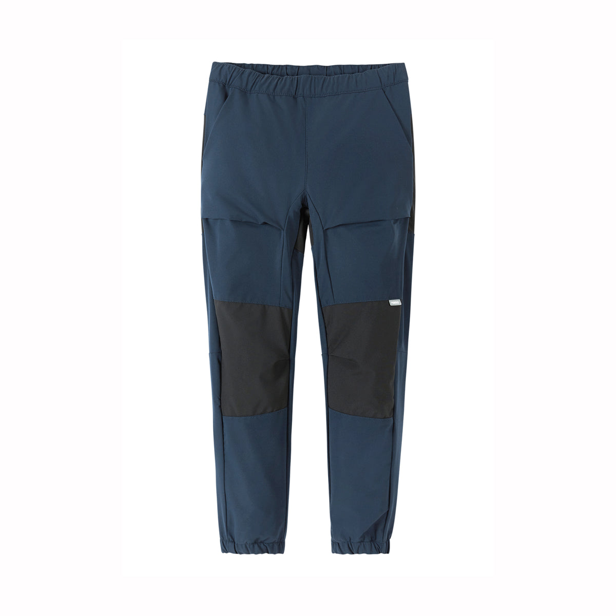 A pair of dark slate blue technical pants with black knee patches, shown flat against a solid white background.